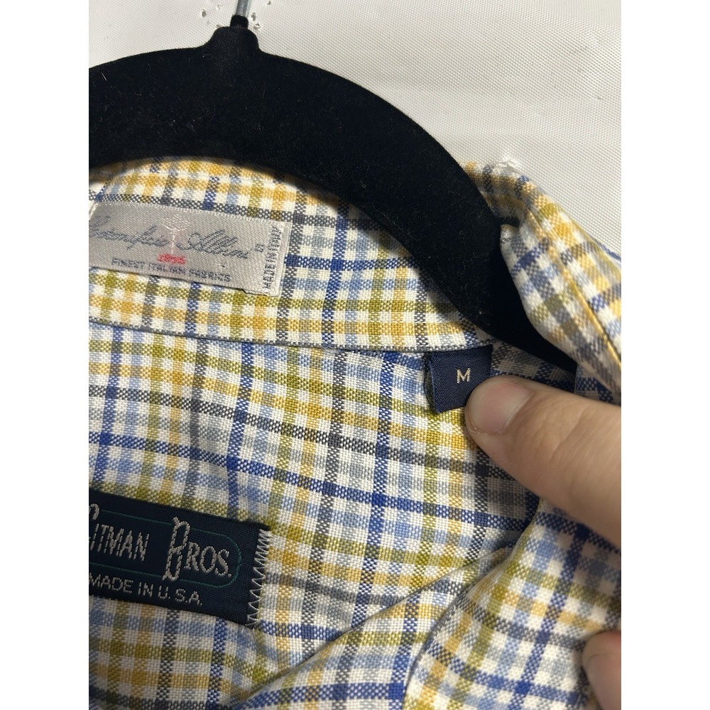 Vintage Gitman Bros Shirt Men's Medium Yellow Blue Check Button Up Cotton Italy - Picture 4 of 5